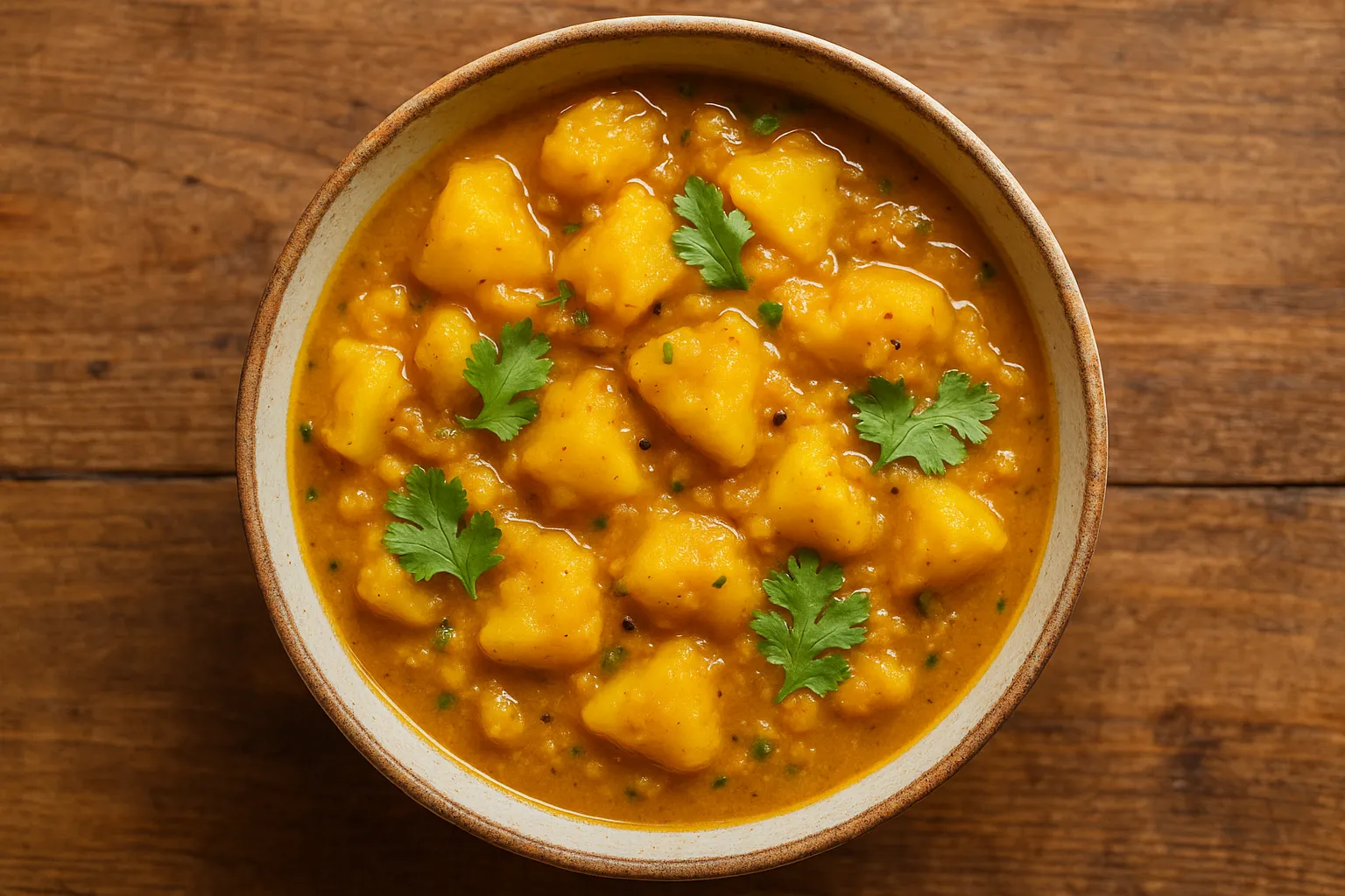 Aloo masala fresco sobre mesa rústica de madera - 175 calorías por taza