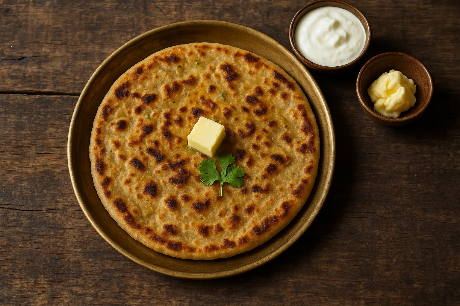 Fresh aloo paratha on rustic wooden table - 300 calories per medium paratha