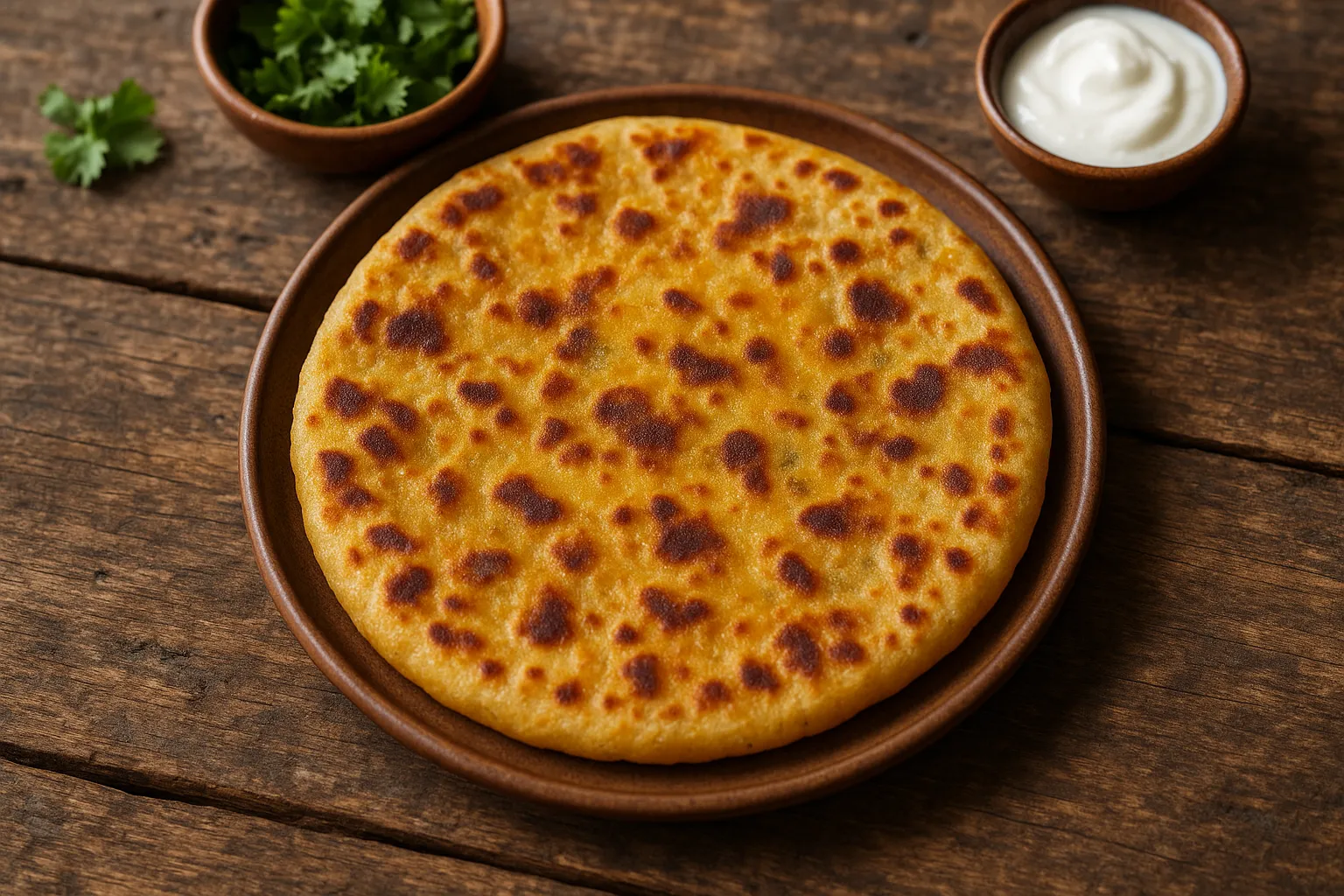 Aloo paratha frais sur table rustique en bois - 300 calories par paratha moyen