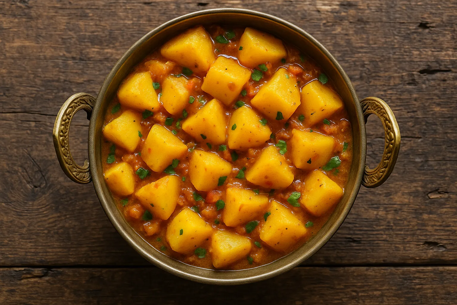 Frisches Aloo Sabji auf rustikalem Holztisch - 120 Kalorien pro 100g