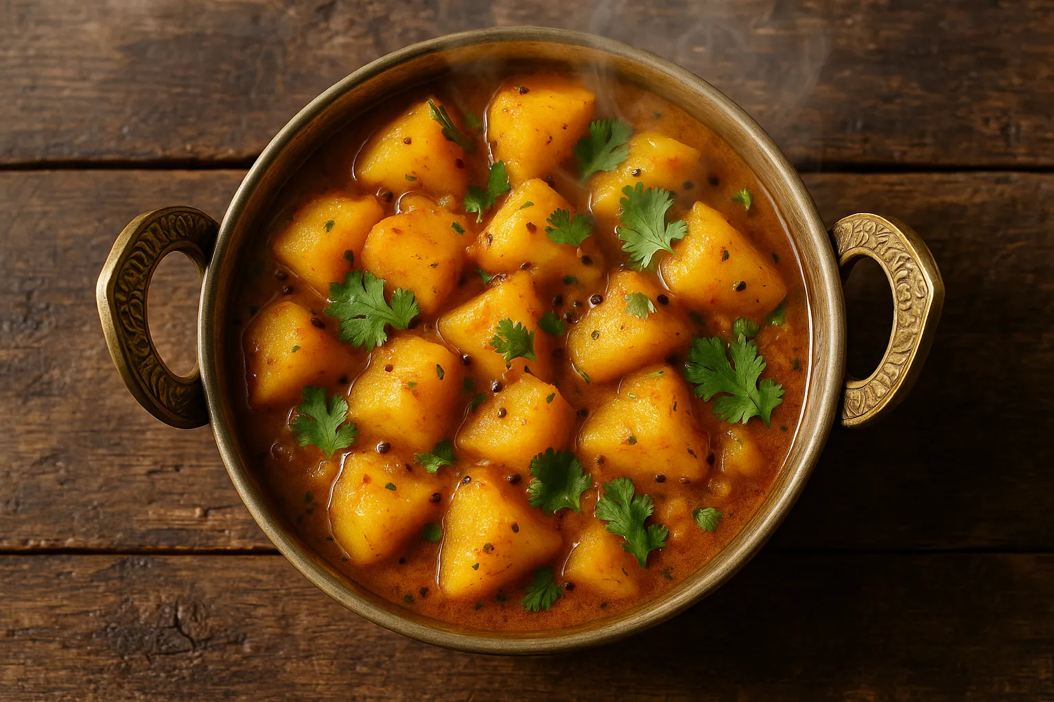 Fresh aloo sabzi on rustic wooden table - 115 calories per 100g