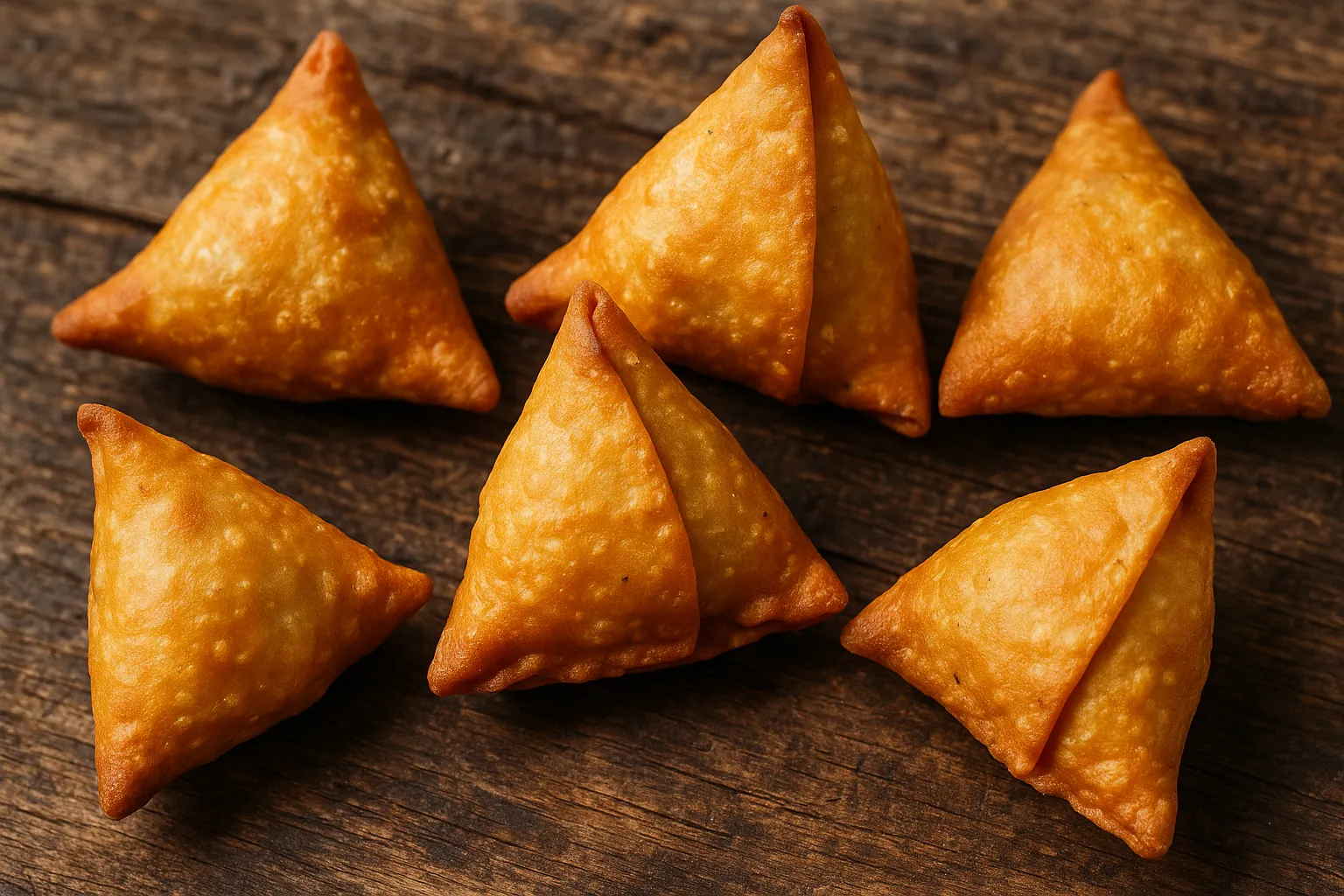 Fresh aloo samosa on rustic wooden table - 262 calories per piece