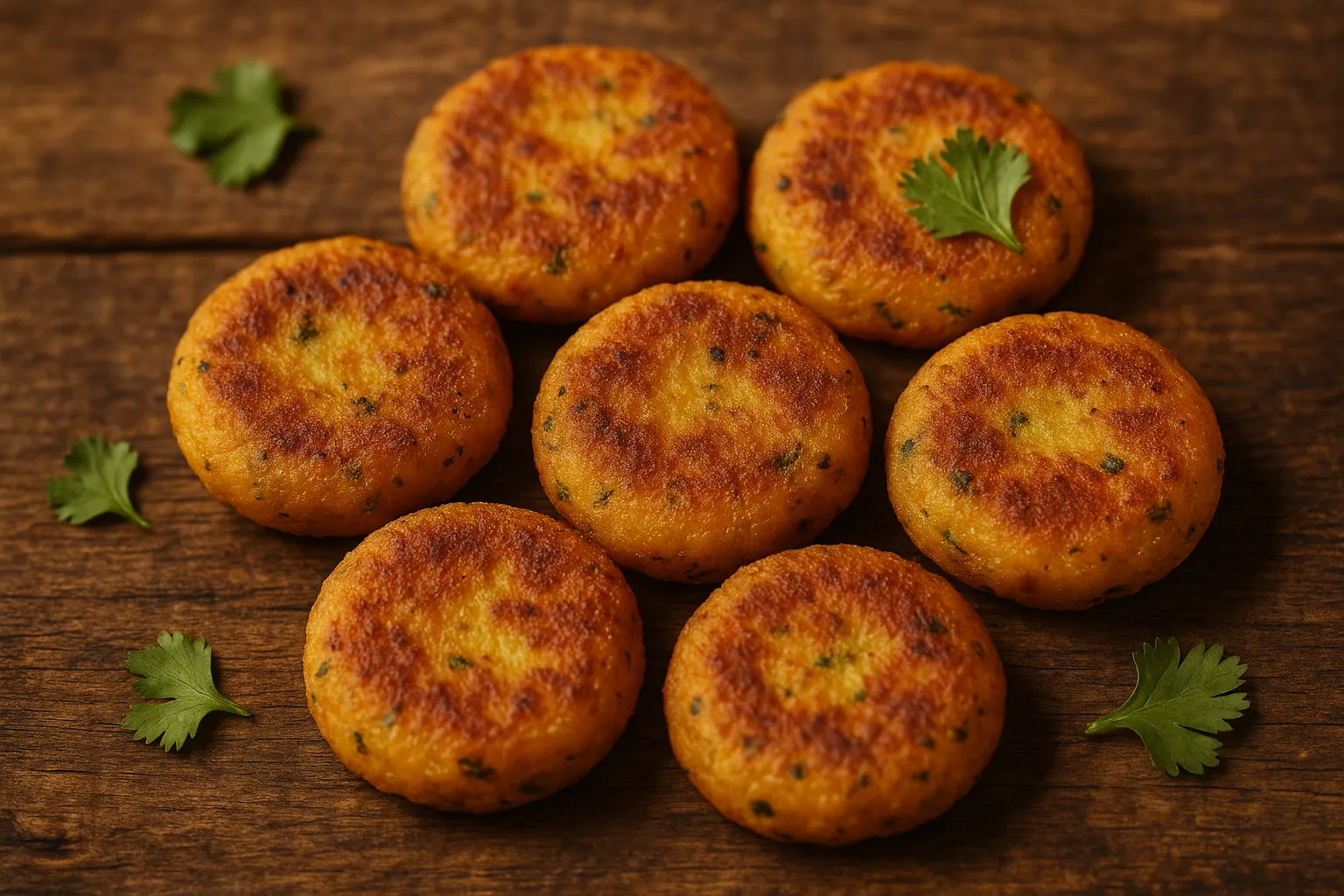 Fresh aloo tikki on rustic wooden table - 180 calories per piece
