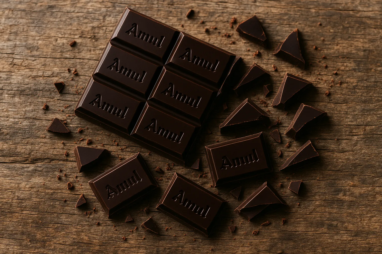 Chocolat amer Amul frais sur table en bois rustique - 546 calories pour 100g