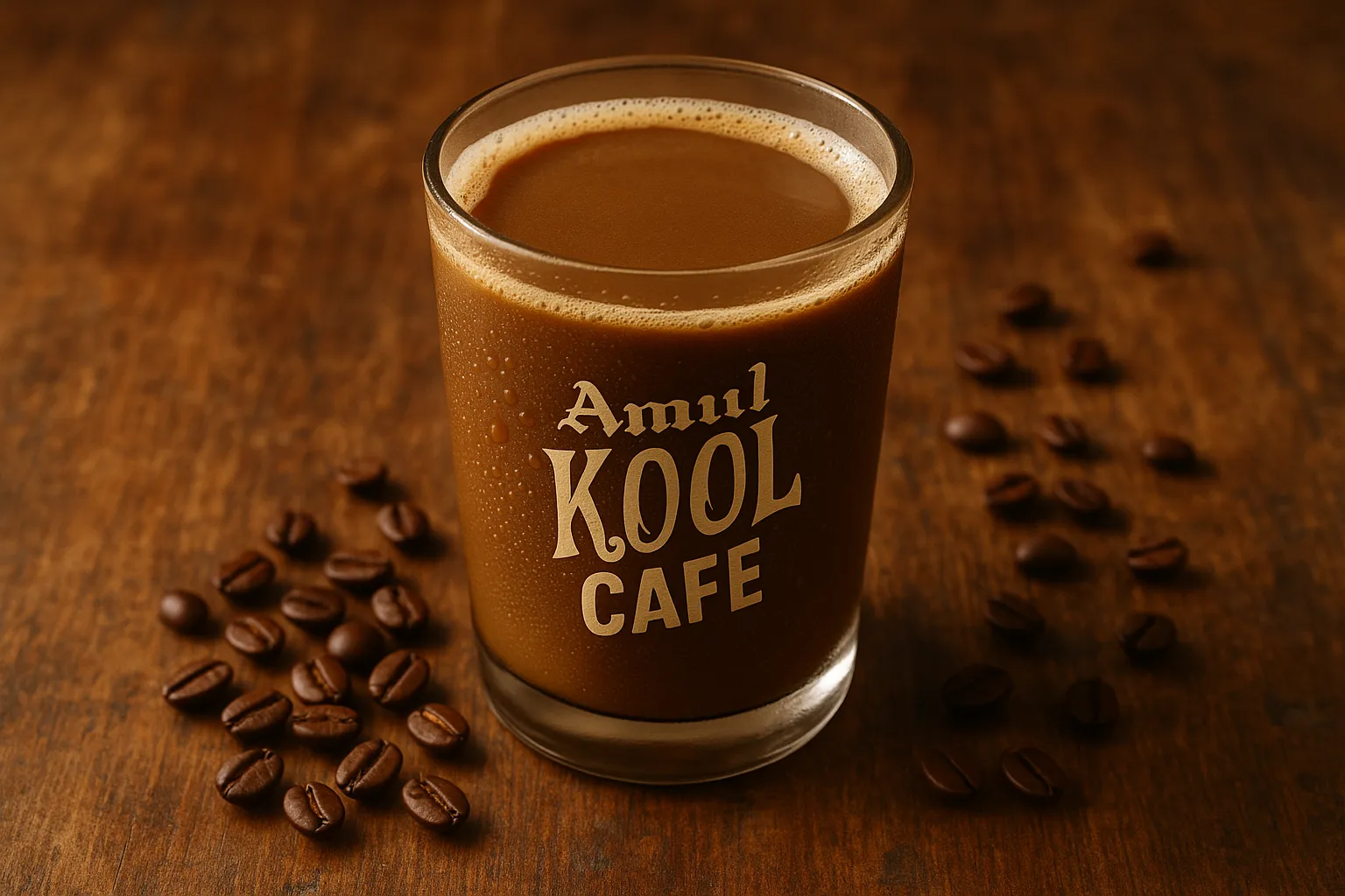 Glass of Amul Kool Cafe cold coffee with condensation - 118 calories per 200ml serving