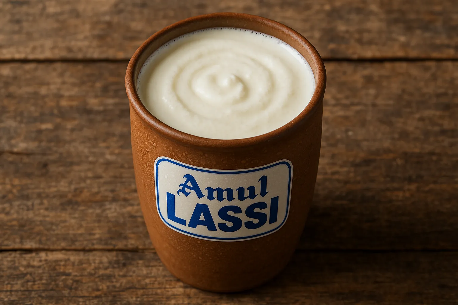 Amul Lassi fresco sobre mesa de madera rústica - 87 calorías por 100 ml