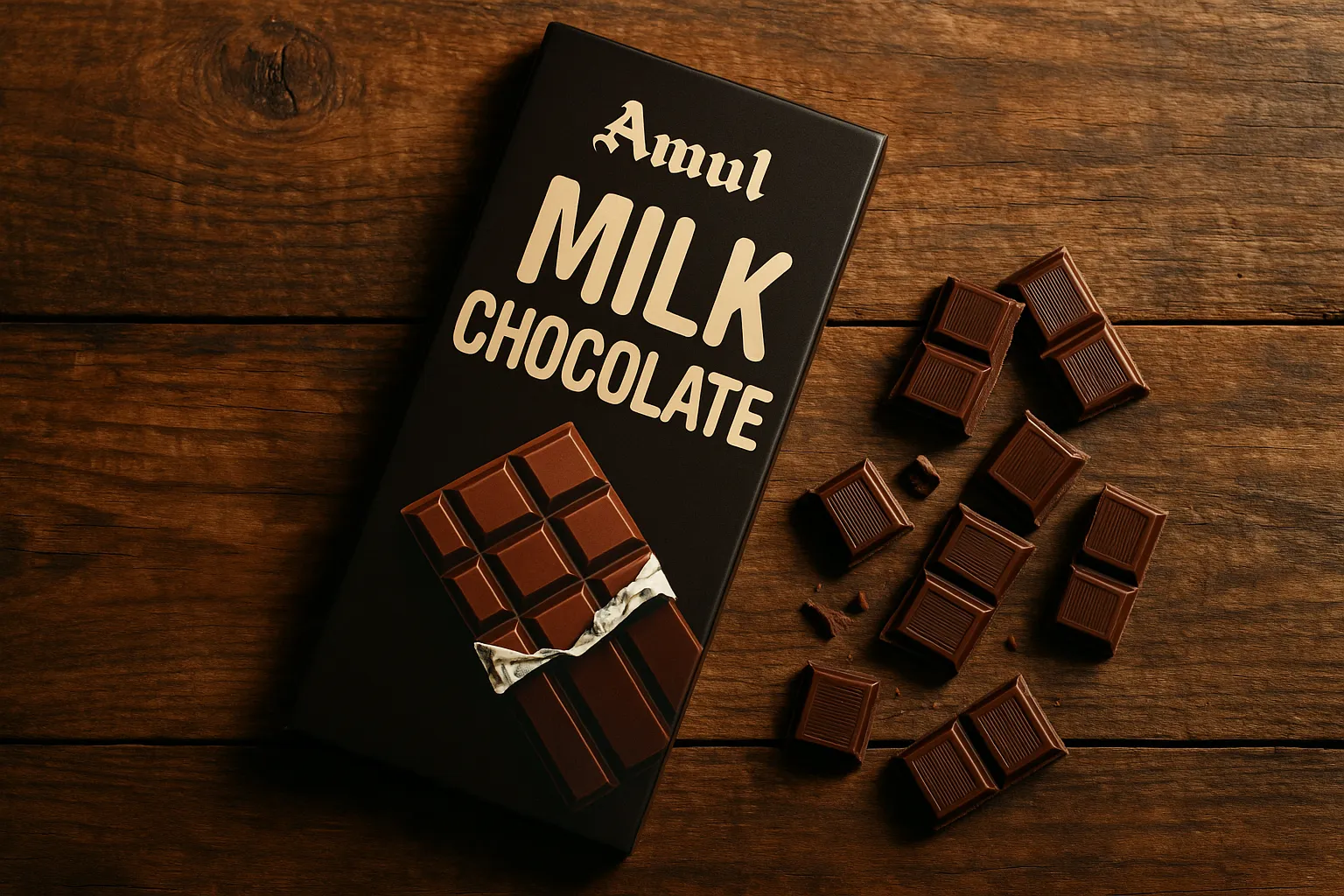 लकड़ी की सतह पर अमूल दूध चॉकलेट बार - प्रति 100 ग्राम 531 कैलोरी