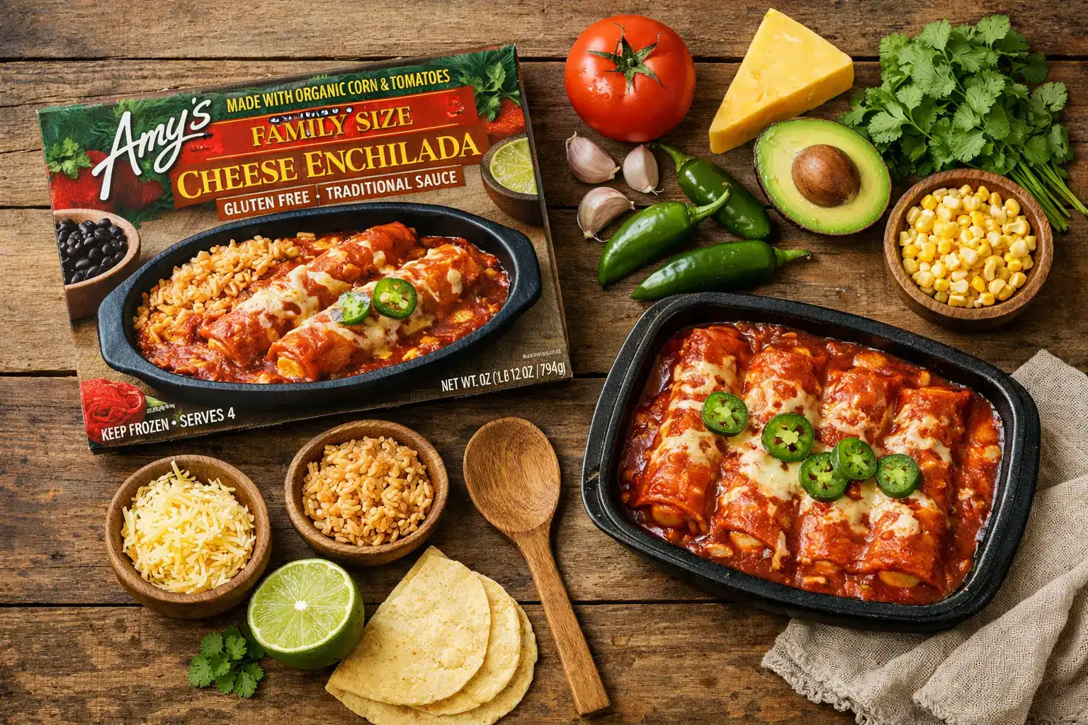 Fresh Amy's Family-Size Entree on rustic wooden table - 360 calories per serving