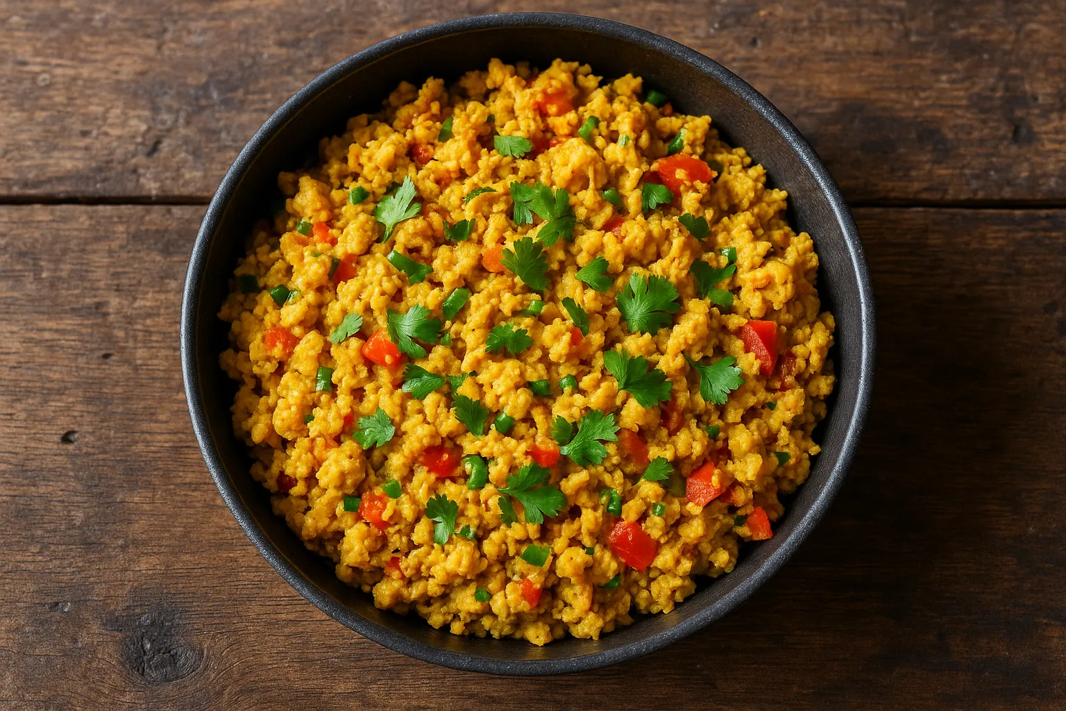 Fresh anda bhurji on rustic plate - 300 calories per cup