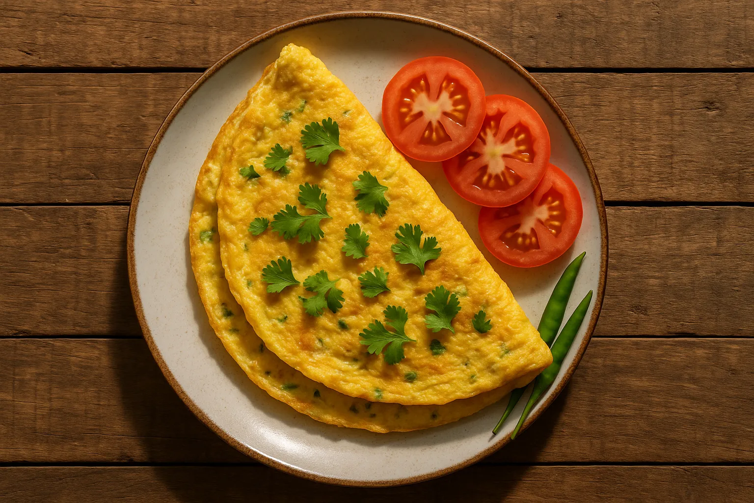 Omelette anda fraîche sur table en bois rustique - 154 calories par portion de 2 œufs