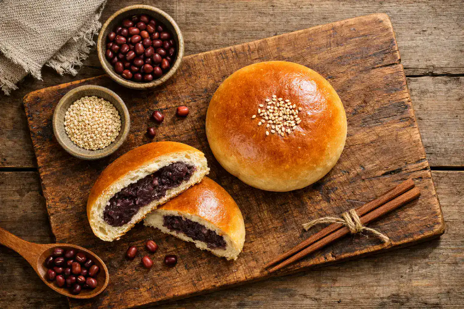 Fresh anpan Japanese red bean bread on rustic wooden table - 190 calories per bun