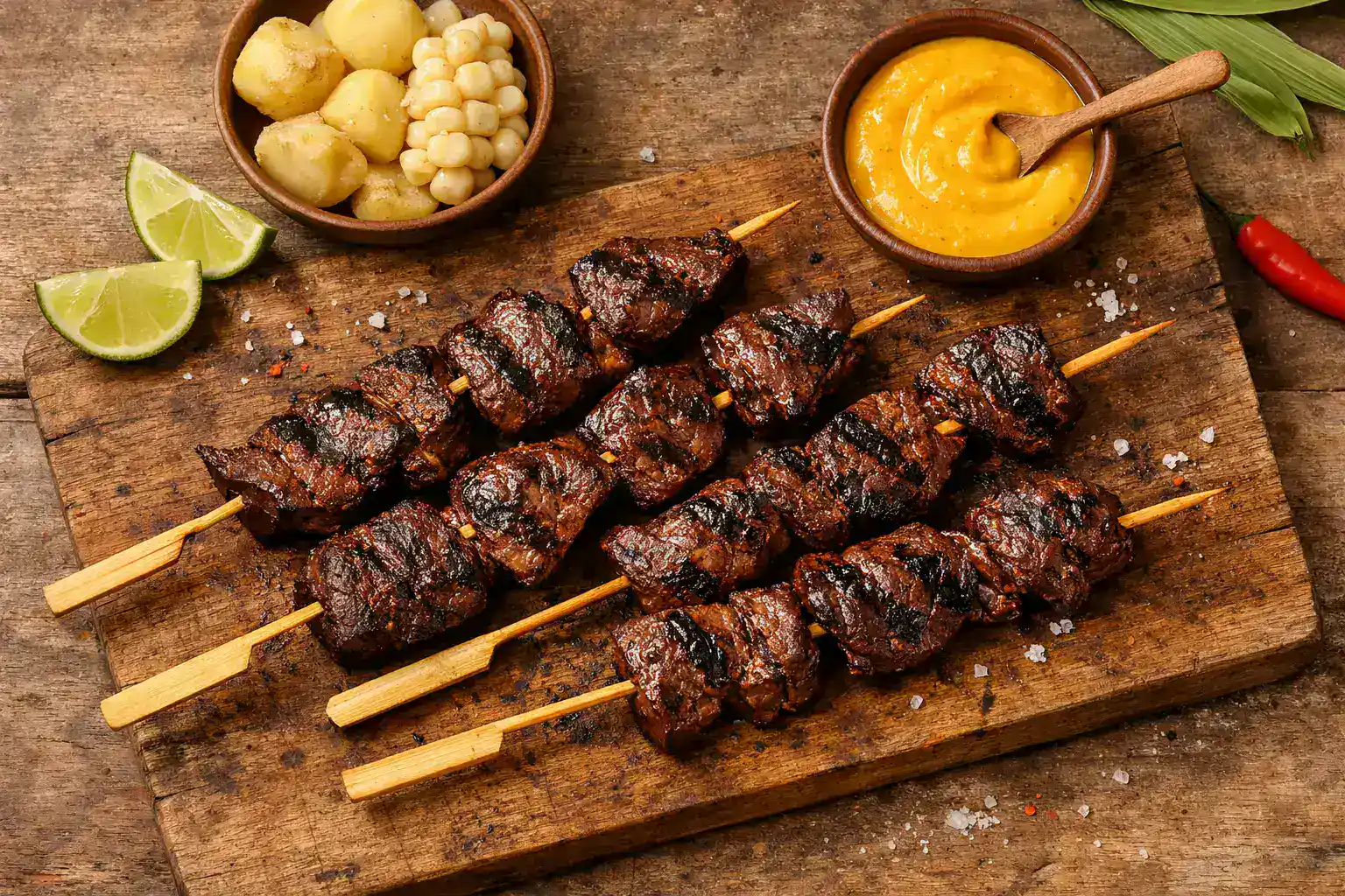 Gegrillte Anticuchos Rinderherz-Spieße - 220 Kalorien pro 2 Spieße