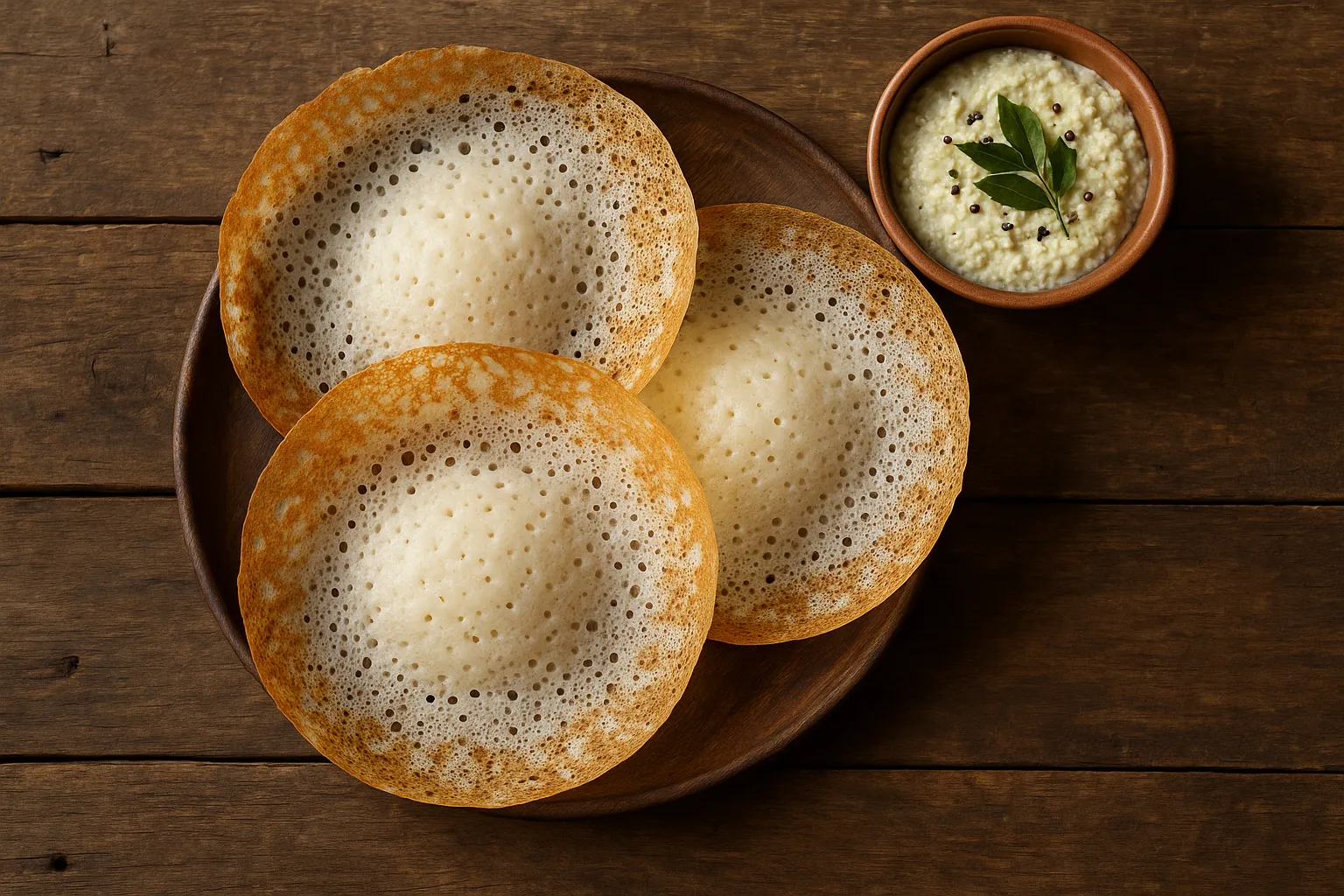 Fresh appam on rustic wooden table - 100 calories per piece