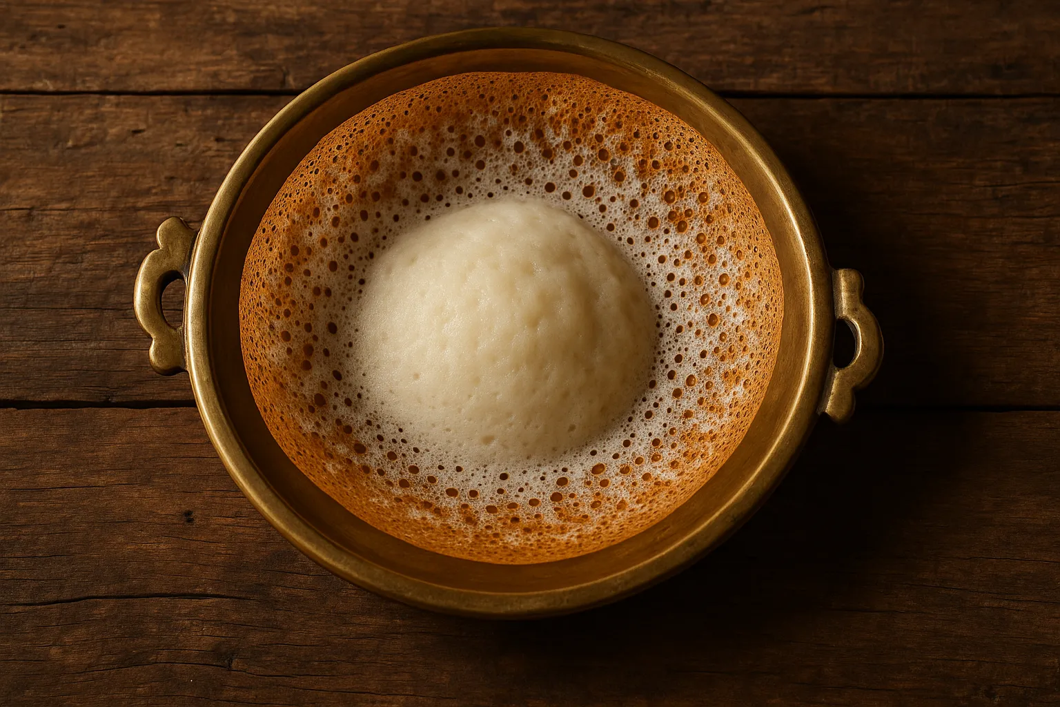 Fresh appam on rustic wooden table - 100 calories per piece