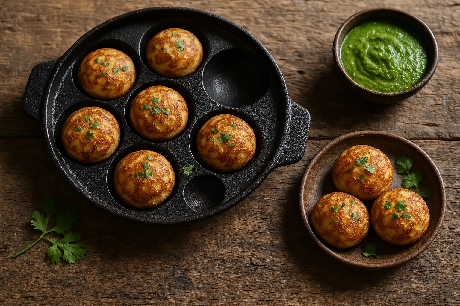 Golden-brown appe (Indian savory pancakes) in cast iron pan with cilantro garnish - 160 calories per serving