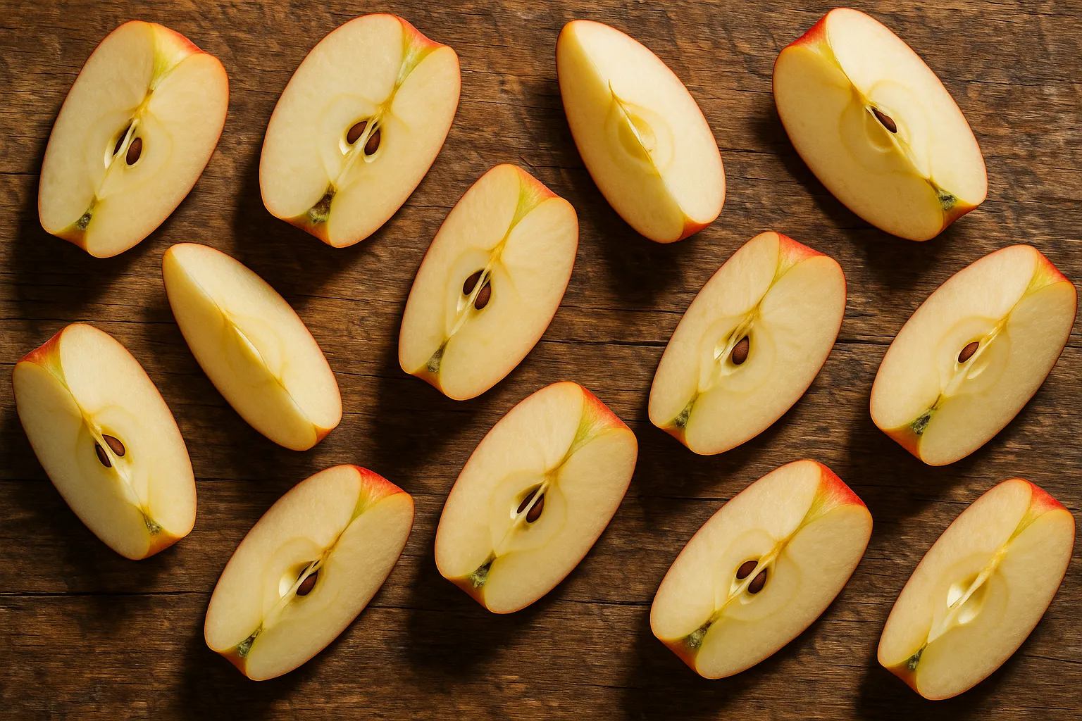 Fresh apple slices on rustic wooden table - 52 calories per 100g