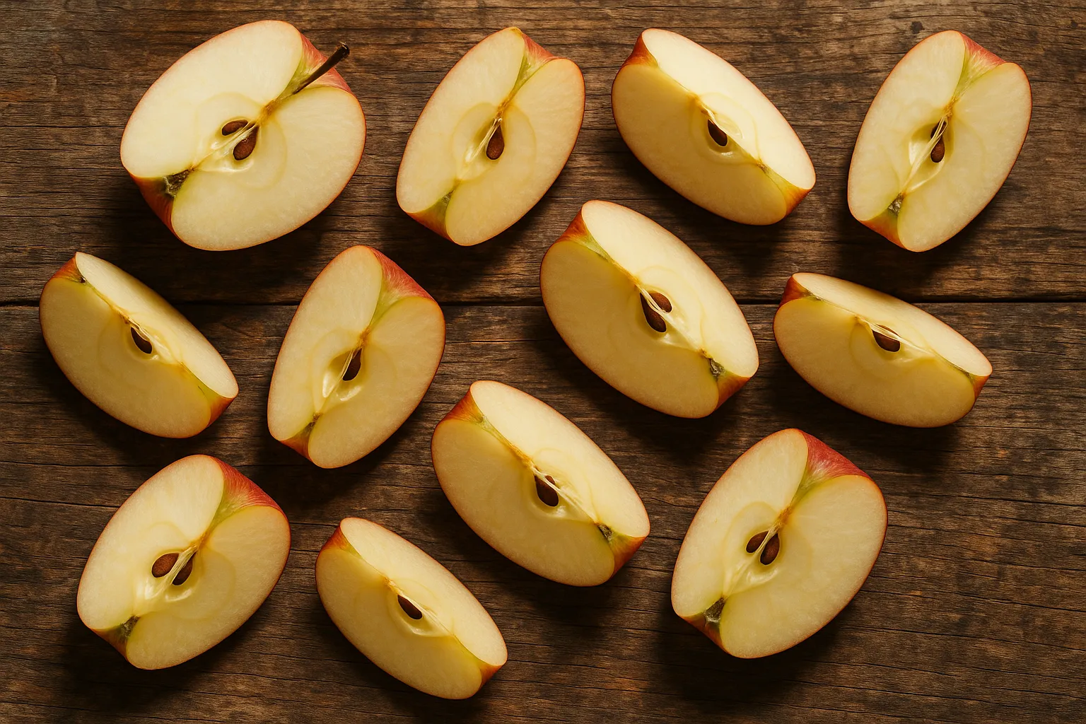 Fresh apple slices on rustic wooden table - 52 calories per 100g