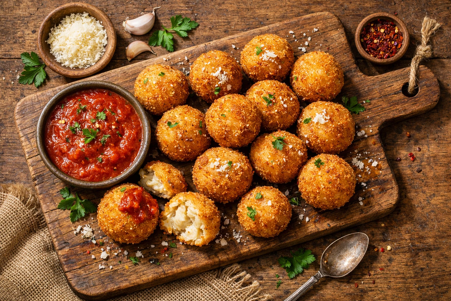 Fresh arancini on rustic wooden table - 250 calories per ball