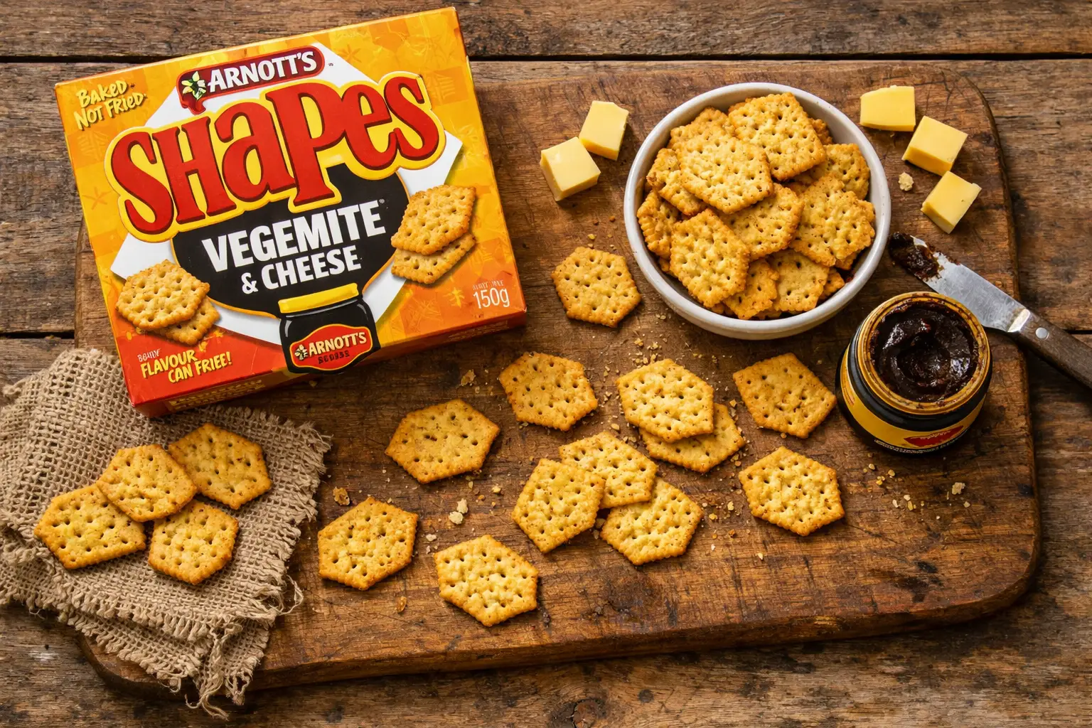 Crackers Arnott's Shapes Vegemite sur planche en bois rustique - 123 calories par portion