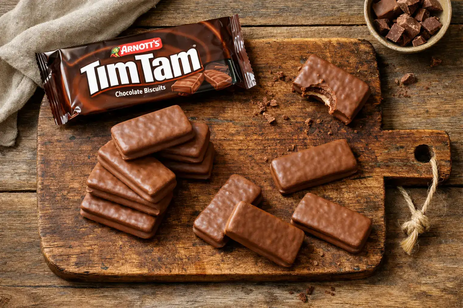 Frische Arnott's Tim Tam Glutenfrei Schokoladenkekse auf rustikalem Holztisch - 114 Kalorien pro Keks