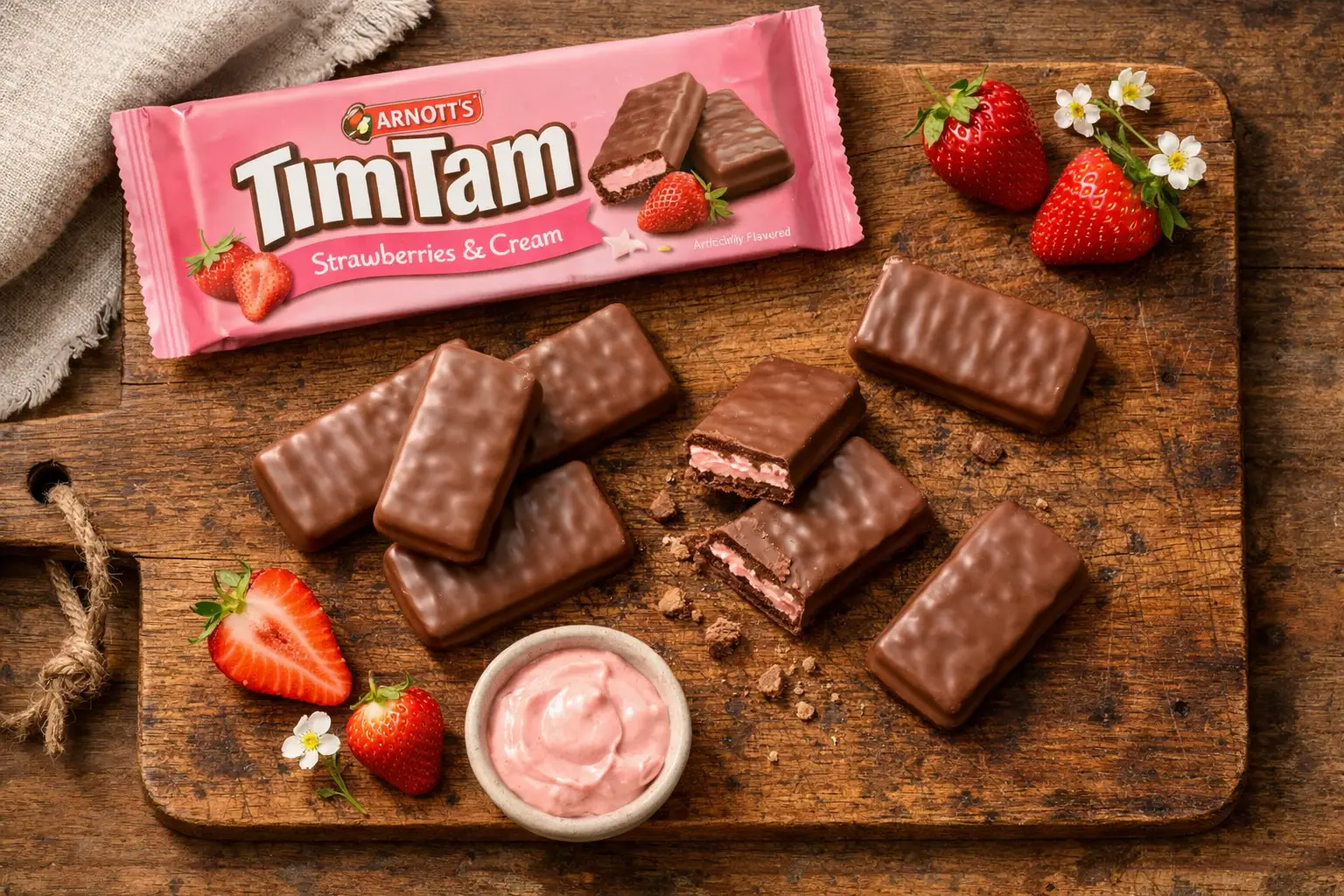 Arnott's Tim Tam Strawberry Cream Kekse auf rustikalem Holztisch - 97 Kalorien pro Keks