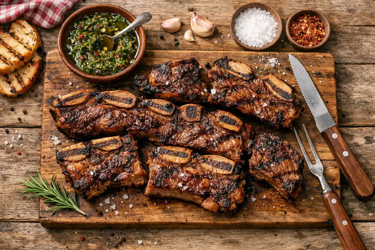 Asado fresco de costillas de res a la parrilla en mesa rústica de madera - 290 calorías por 100 g