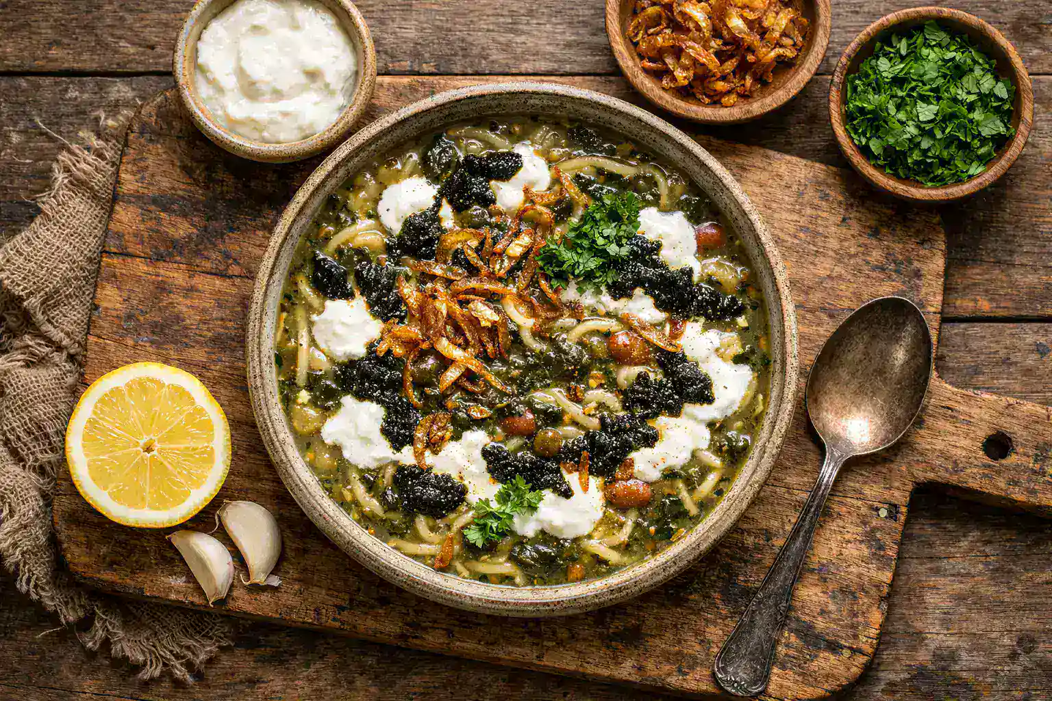 Ash Reshteh frais, soupe persane aux nouilles sur table en bois rustique - 280 calories par bol