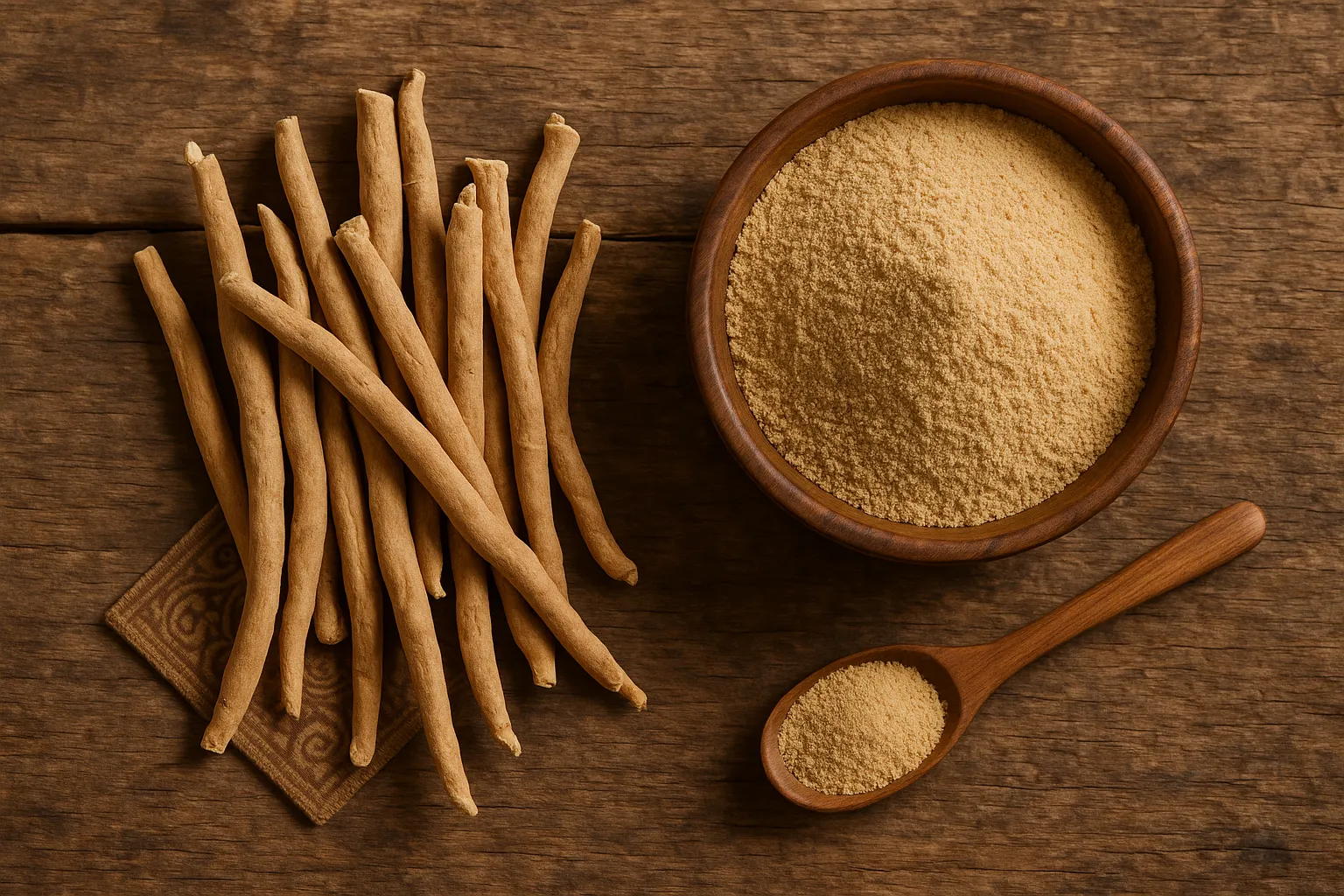 Fresh ashwagandha roots and powder on rustic wooden table - adaptogen herb supplement