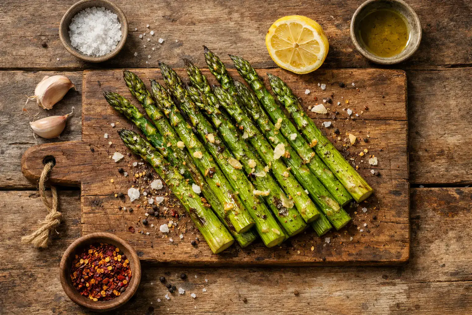 Fresh cooked asparagus on rustic wooden table - 22 calories per 100g