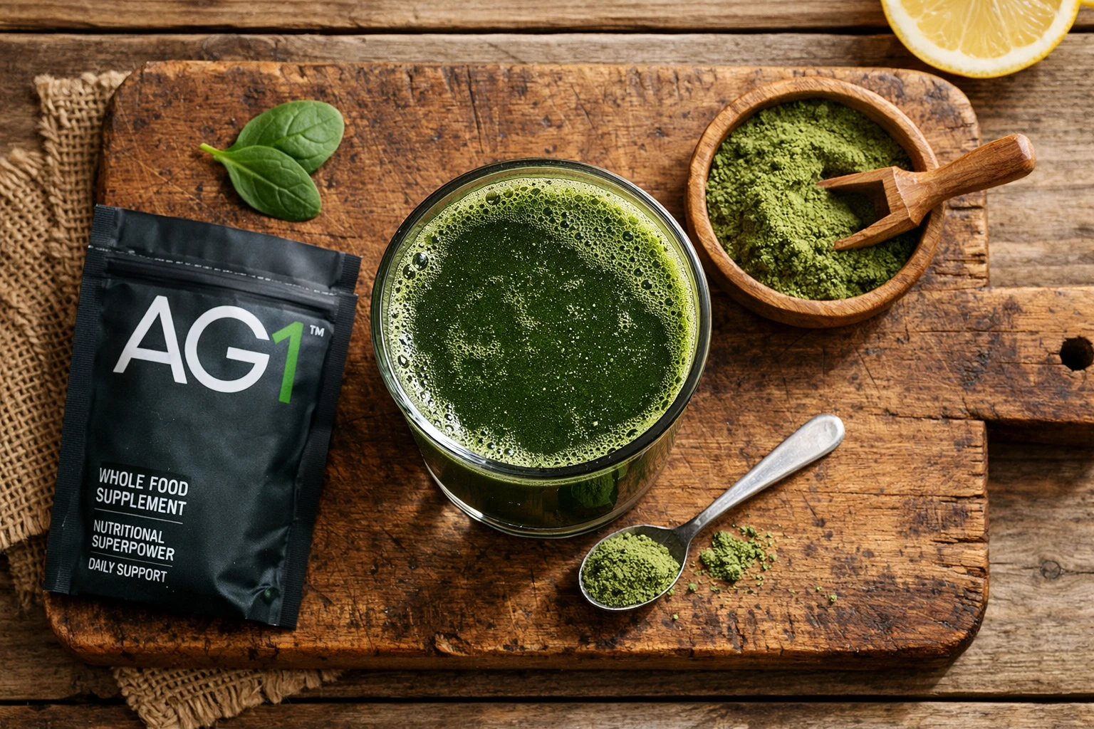 Polvo Athletic Greens AG1 en vaso con agua - 40 calorías por cucharada