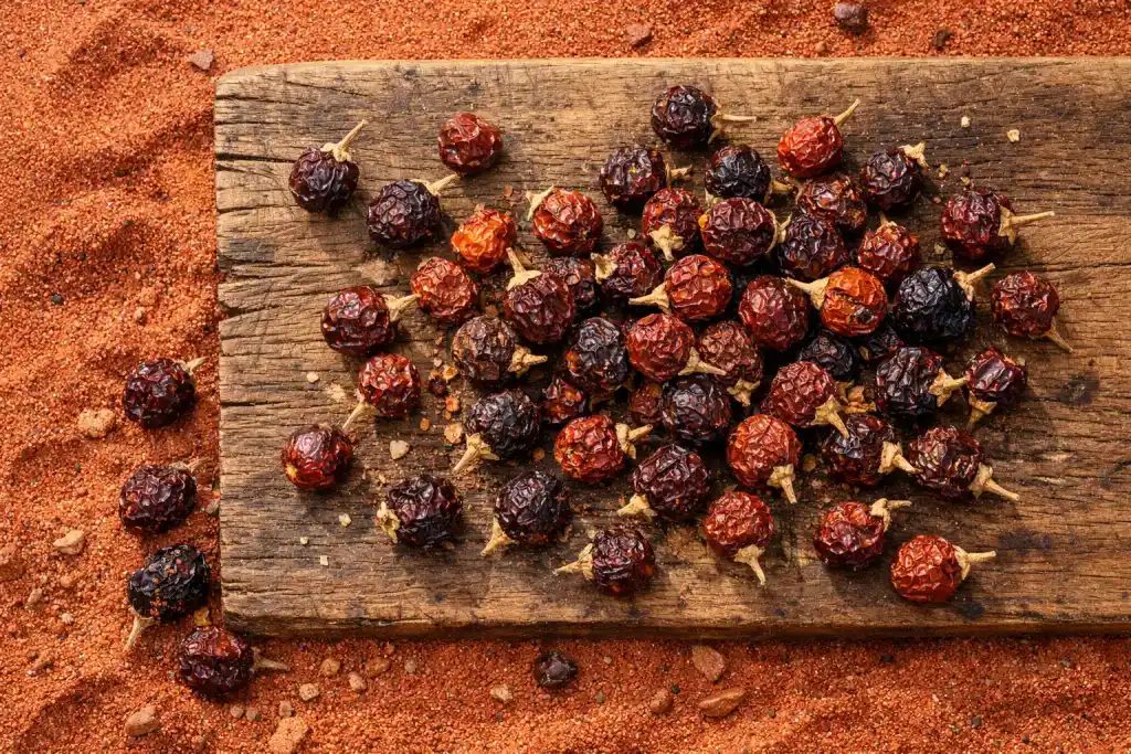 Frische australische Buschtomate auf rustikalem Holztisch - 25 Kalorien pro 10 g Portion