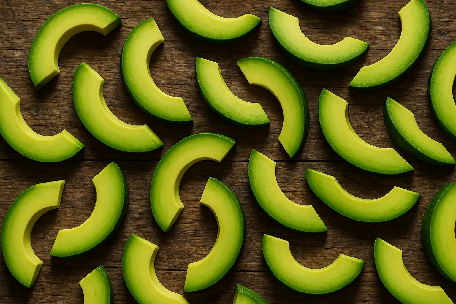 Fresh avocado slices on rustic wooden table - 160 calories per 100g