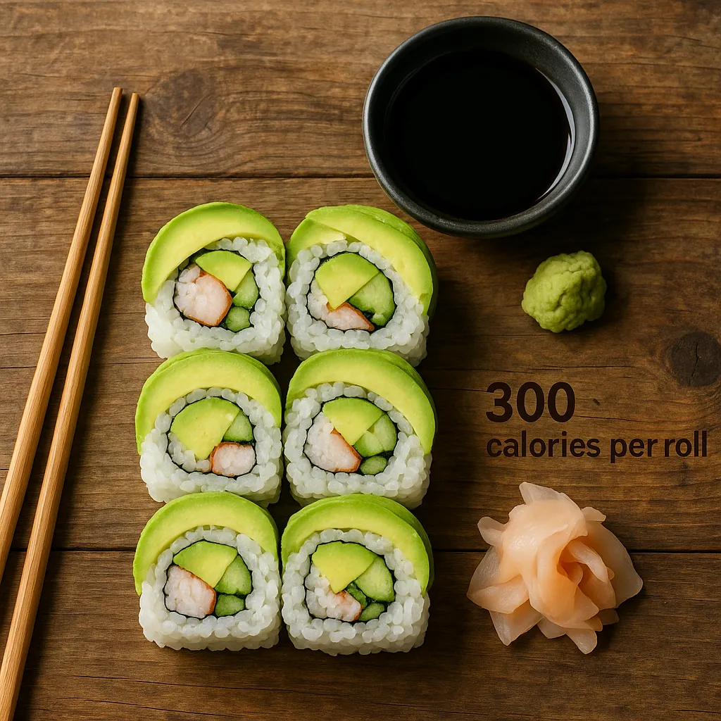 Frische Avocado-Sushi-Rolle auf rustikalem Holztisch - 300 Kalorien pro Rolle