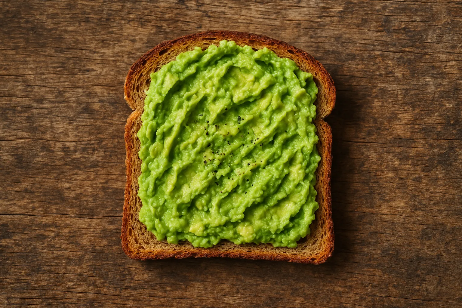 Tostada de aguacate fresca sobre mesa de madera rústica - 195 calorías por 100 g