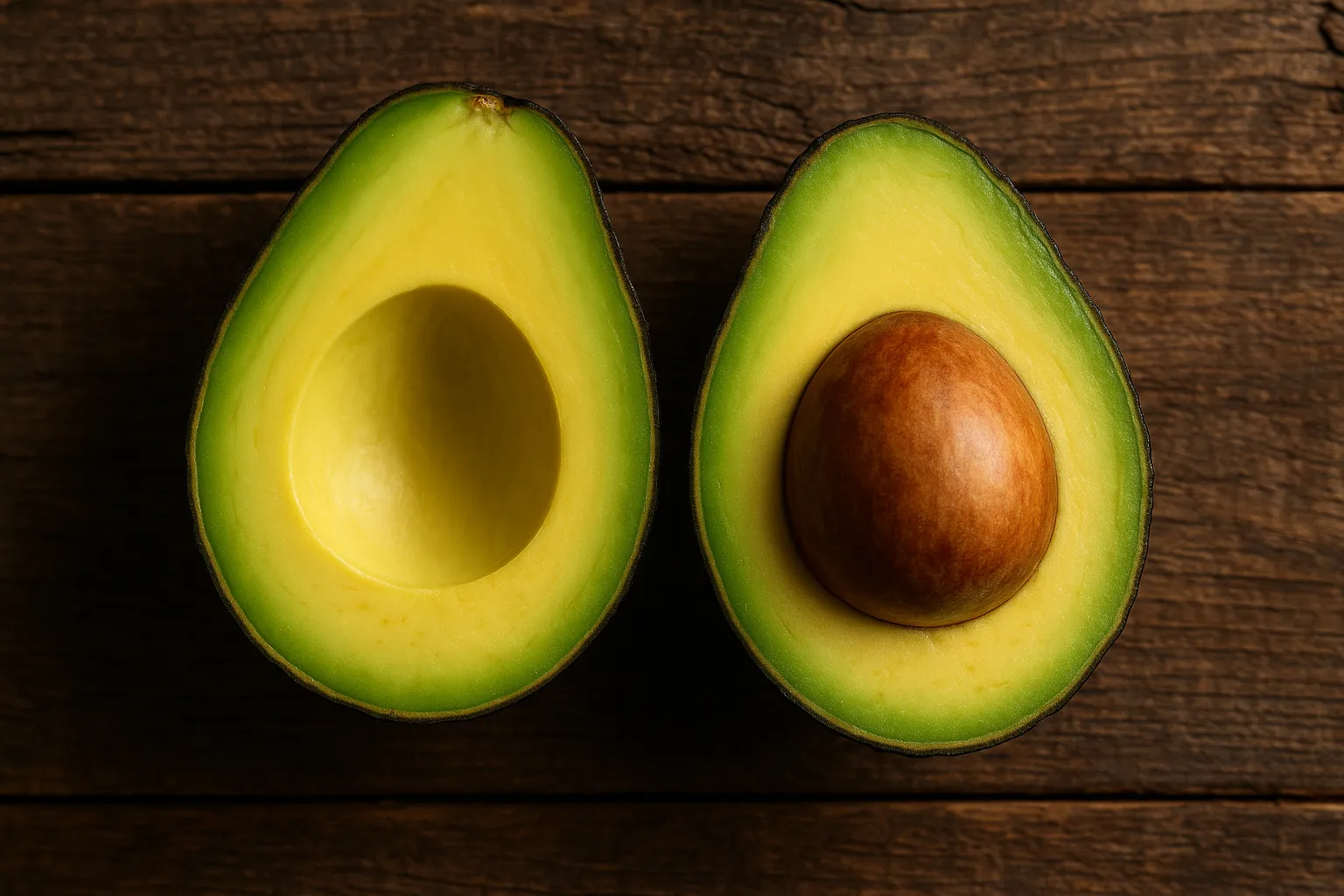 Aguacate fresco sobre mesa de madera rústica - 160 calorías por medio aguacate