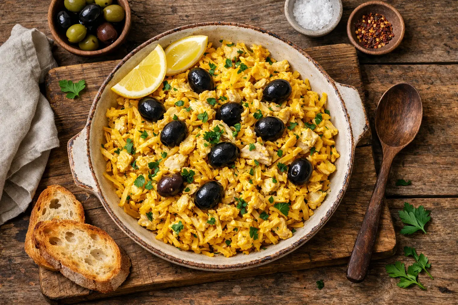 Frisches Bacalhau à Brás auf rustikalem Holztisch - 350 Kalorien pro Portion