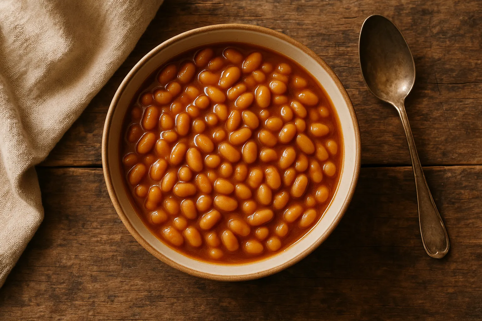 Steaming bowl of baked beans in tomato sauce - 127 calories per cup