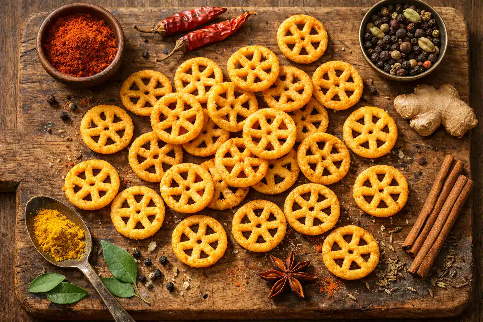 Balaji Wheelos masala corn snacks on wooden board - 168 calories per 30g packet