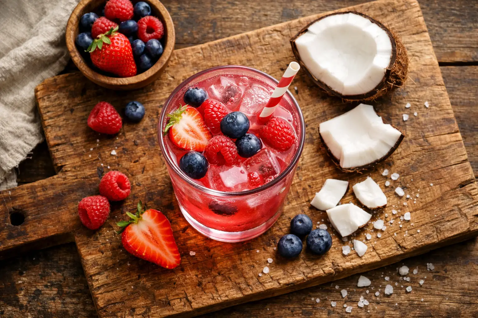 Fresh berry electrolyte drink on rustic wooden table - 35 calories per scoop