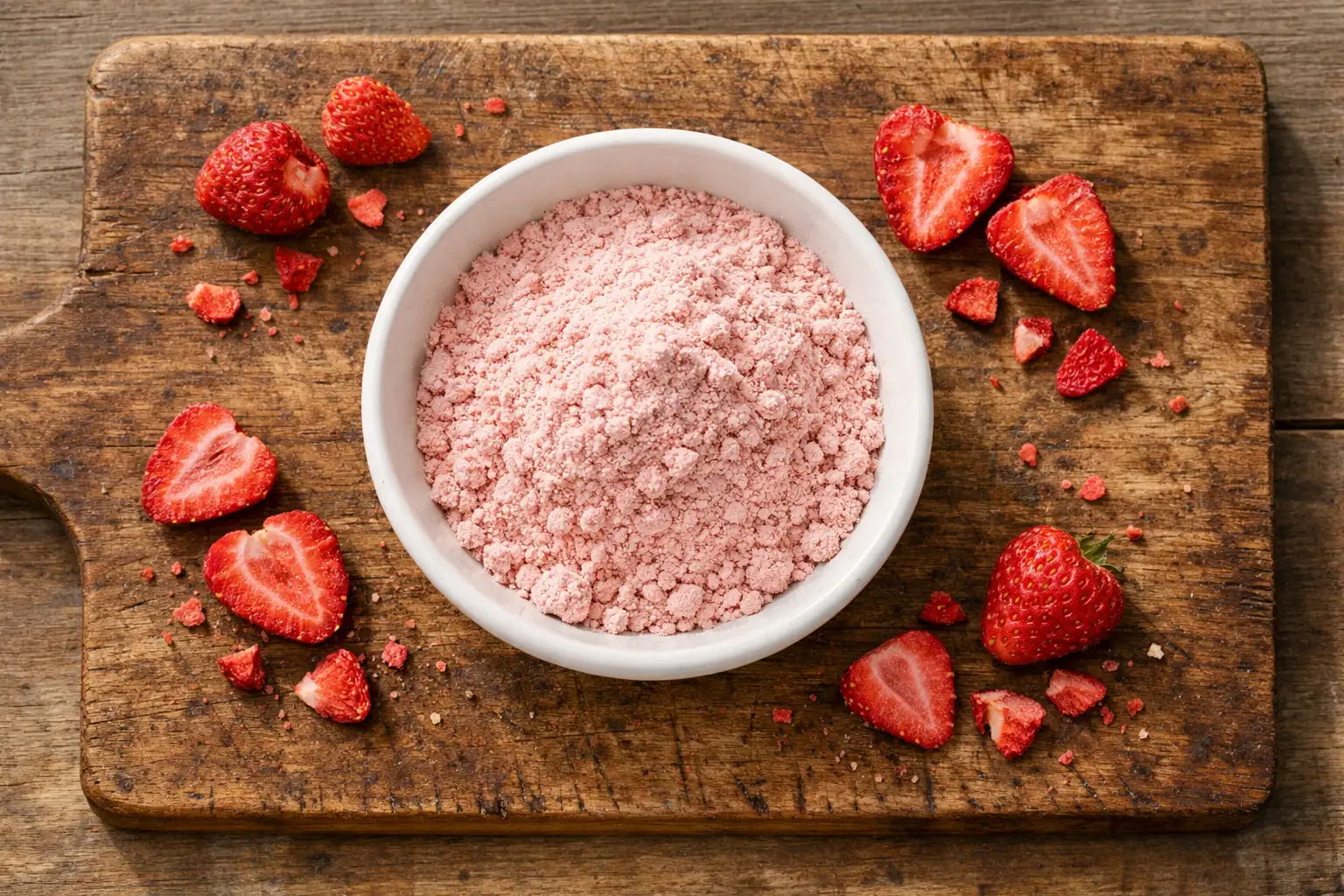 Proteína en polvo de fresa fresca sobre mesa de madera rústica - 110 calorías por medida