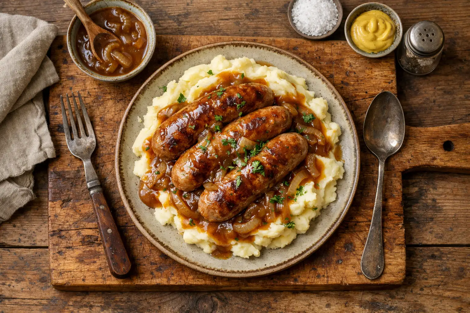 Bangers and mash frescos en mesa de madera rústica - 520 calorías por porción