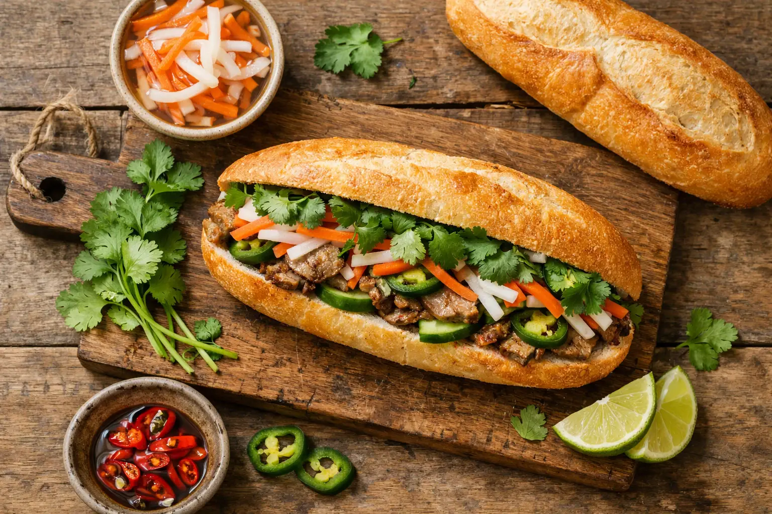 Fresh Vietnamese bánh mì sandwich on rustic wooden table - 380 calories per sandwich