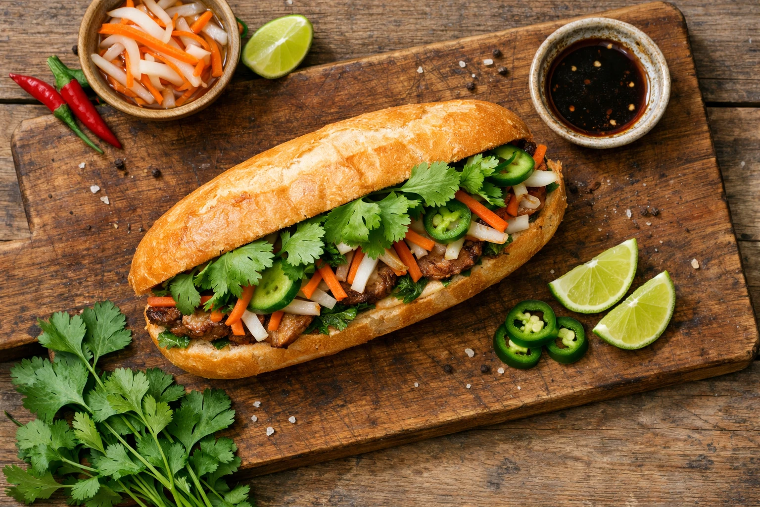 लकड़ी की टेबल पर ताजी वियतनामी banh mi सैंडविच - प्रति सैंडविच 380 कैलोरी