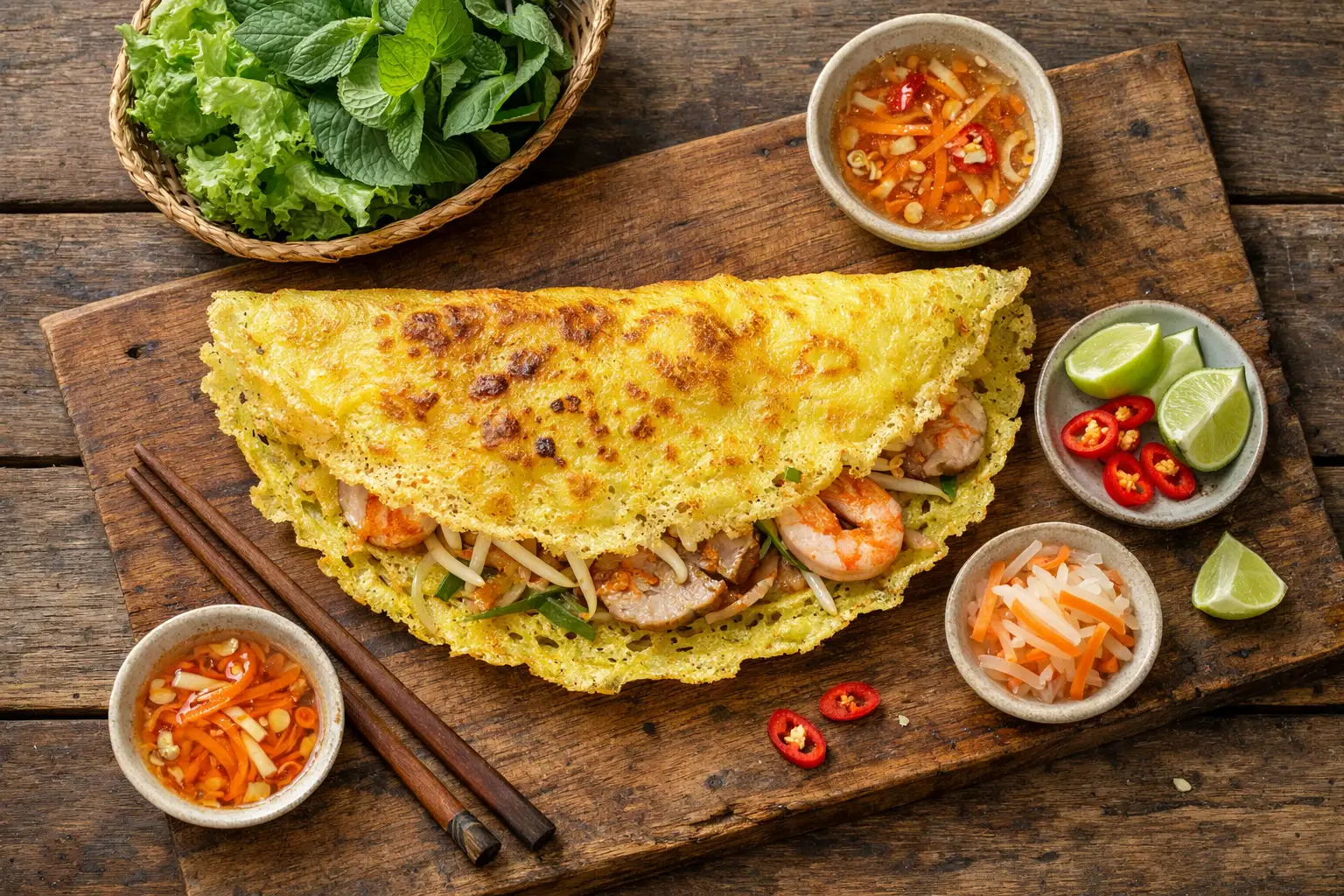 Fresh Bánh Xèo Vietnamese crispy pancake on wooden table - 279 calories per pancake
