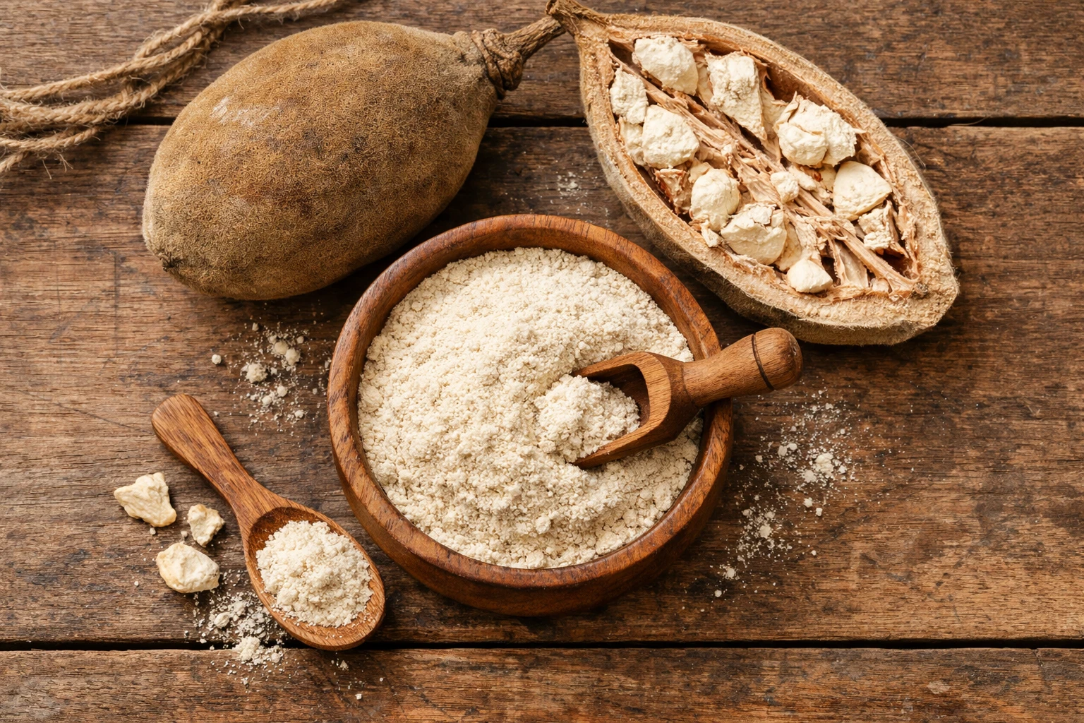 Frisches Baobab-Pulver in Schüssel auf rustikalem Holztisch - 240 Kalorien pro 100 g