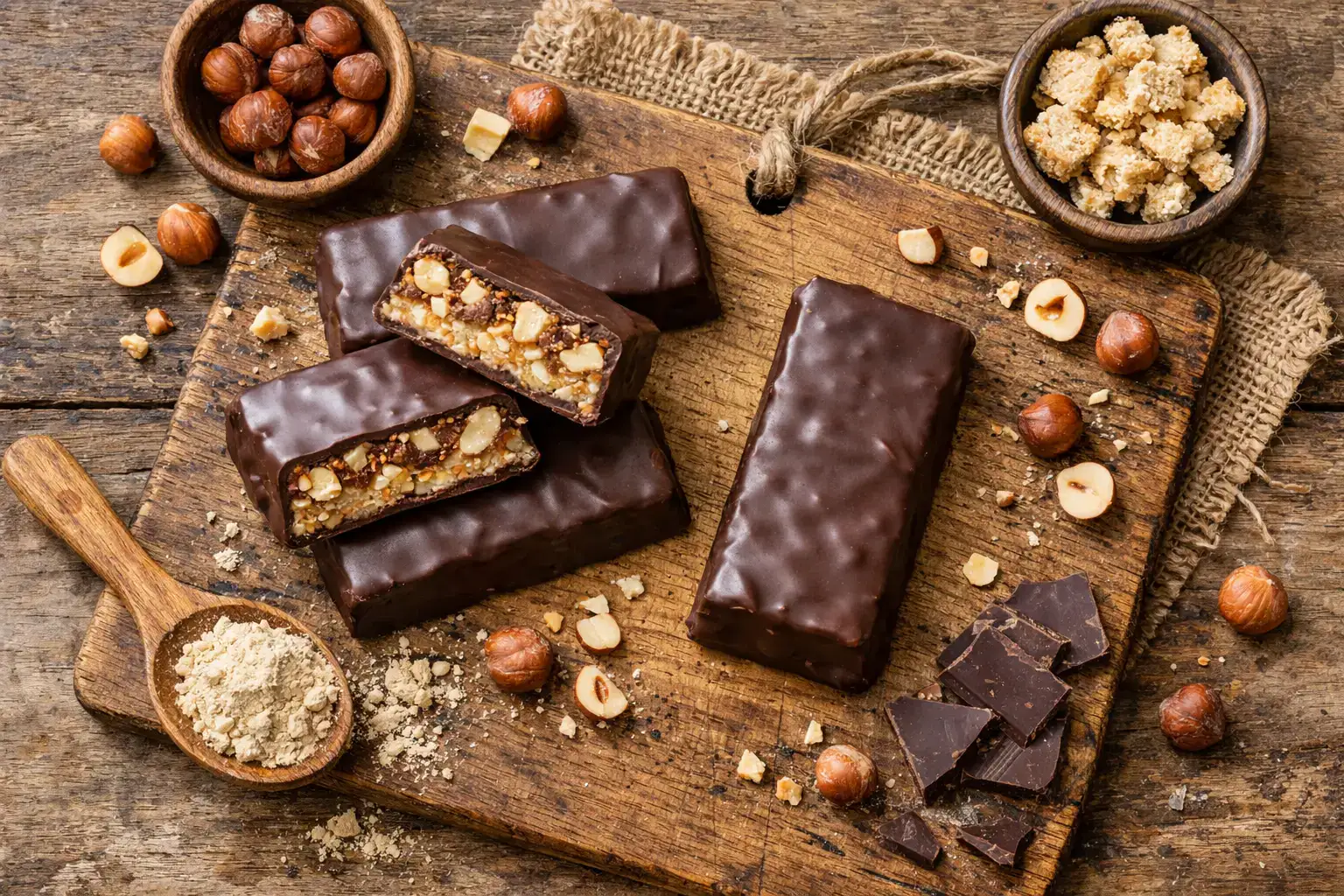 देहाती लकड़ी की टेबल पर ताज़े वेगन प्रोटीन बार - प्रति बार 220 कैलोरी