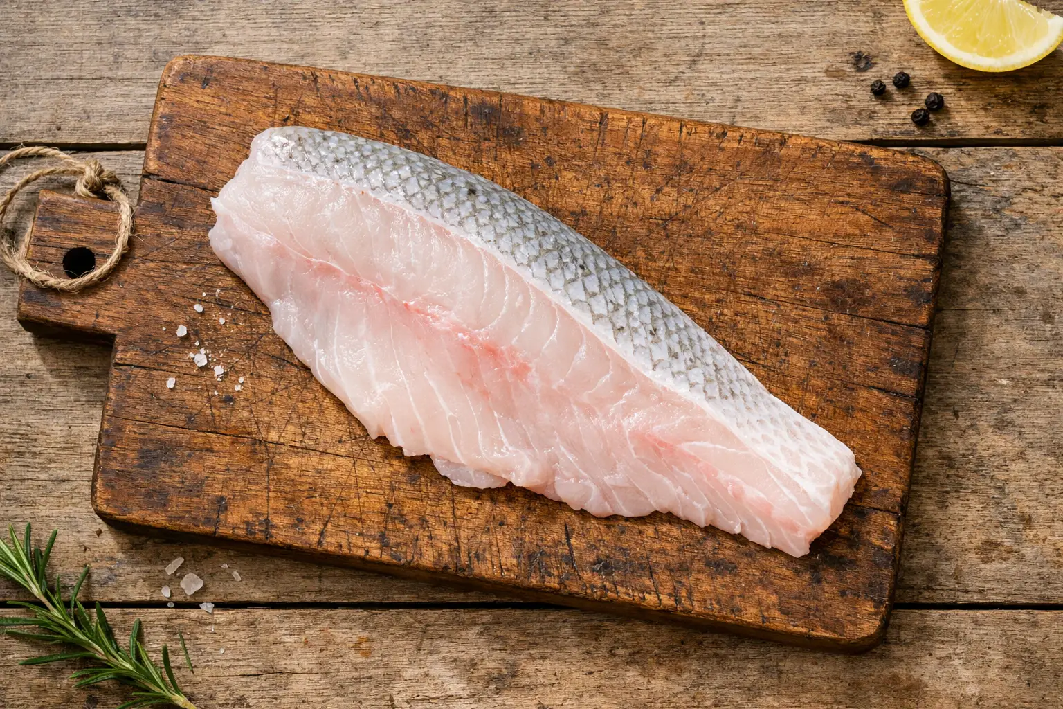 Filete fresco de barramundi sobre mesa de madera rústica - 125 calorías por 100 g
