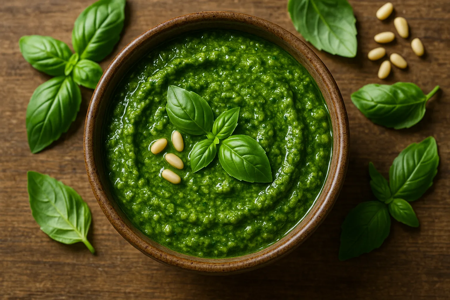 Pesto de albahaca fresco sobre mesa de madera rústica - 396 calorías por 100 g