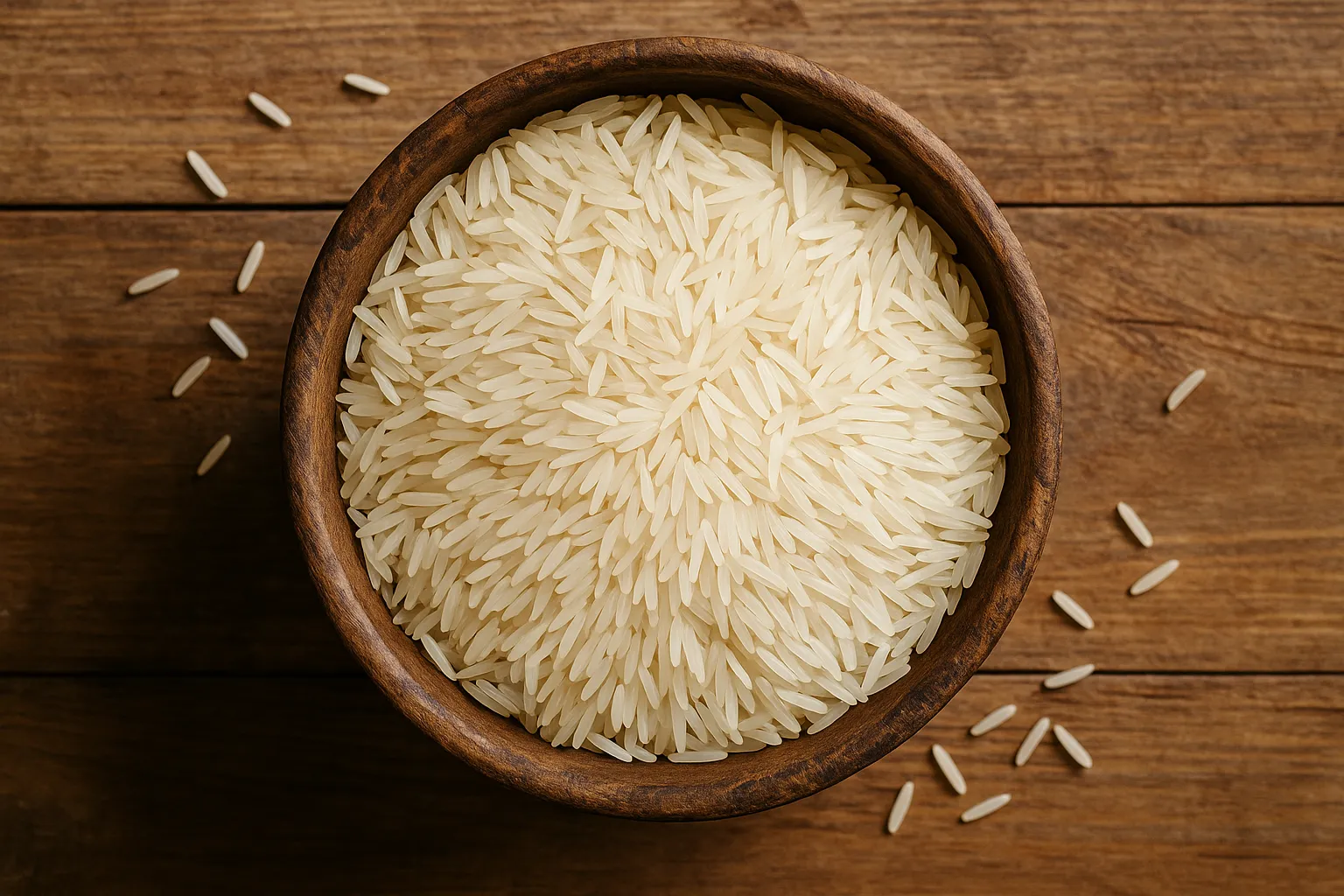 Riz basmati frais sur table en bois rustique - 130 calories par 100g cuit