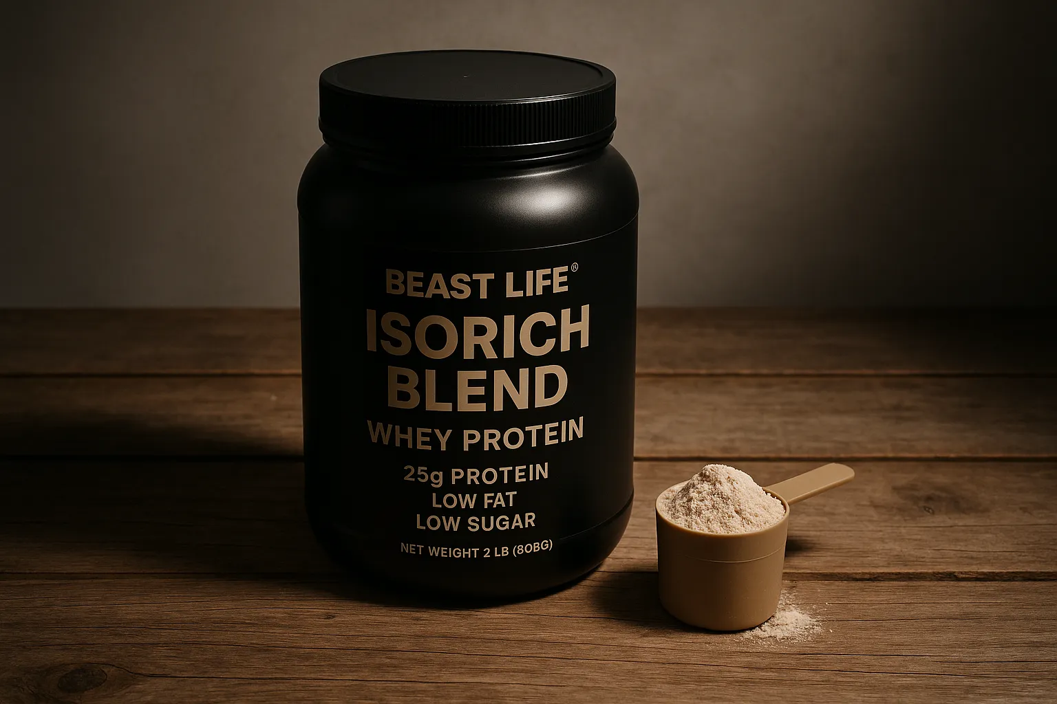 BEAST LIFE Isorich Blend Whey Protein sur table en bois rustique - 115 calories par dosette